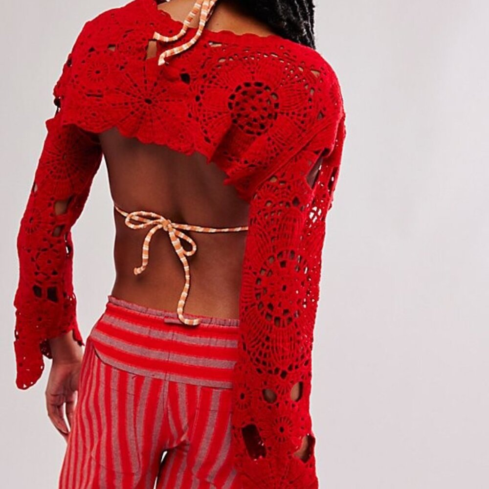 042 Free People Olivia Piecework Bolero NWOT Crimson One Size - Picture 2 of 8